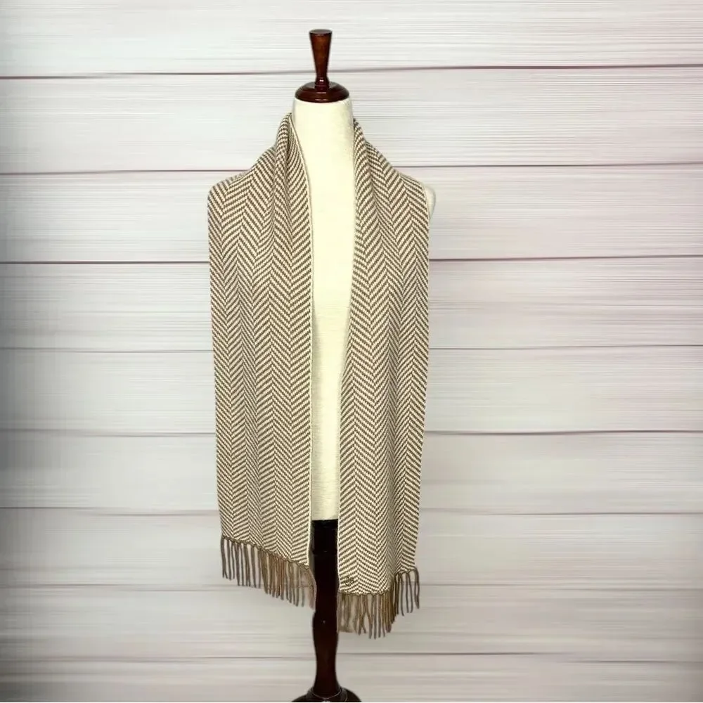 Lauren Ralph Lauren Wool Herringbone Scarf Tan Beige With Fridges Men's Women's